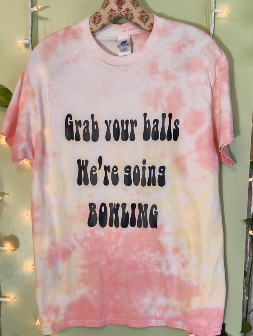 Women's Colortone Bowling 🎳 Grab Your Balls Pink Yellow Tye Dye T-shirt 👕 M